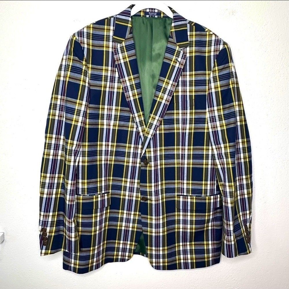 New Saddlebred Navy Plaid Tartan 2 Button Front Sport Coat Suit Jacket 38R